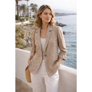 VTG Kasper 100% Linen Jacket Womens Blazer Lightweight Neutral Classic Size 10
